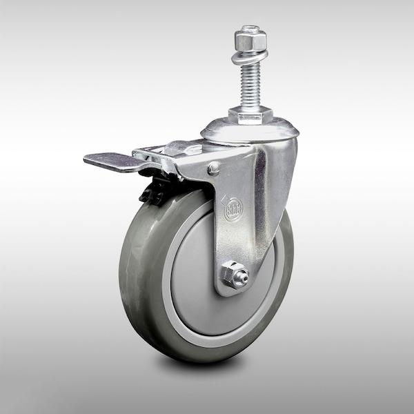 5 Inch SS Gray Polyurethane 3/8 Inch Threaded Stem Caster with Total Lock Brake